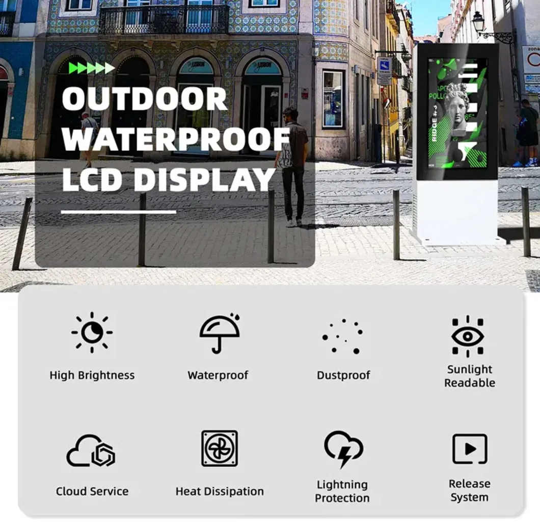 65&quot; 4K Outdoor Dual Screen Thin Bezel 3000CD/M2 Waterproof Triple Display Kiosk Portable LCD Outdoor Digital Signage