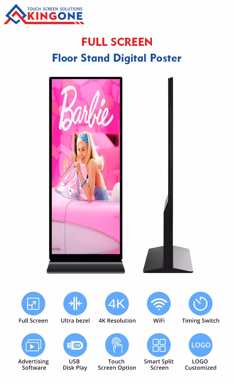Kingone 85 Inch Full Screen Floor Stand Digital Signage Android Advertising Player Poster Touch Screen LCD Display Kiosk