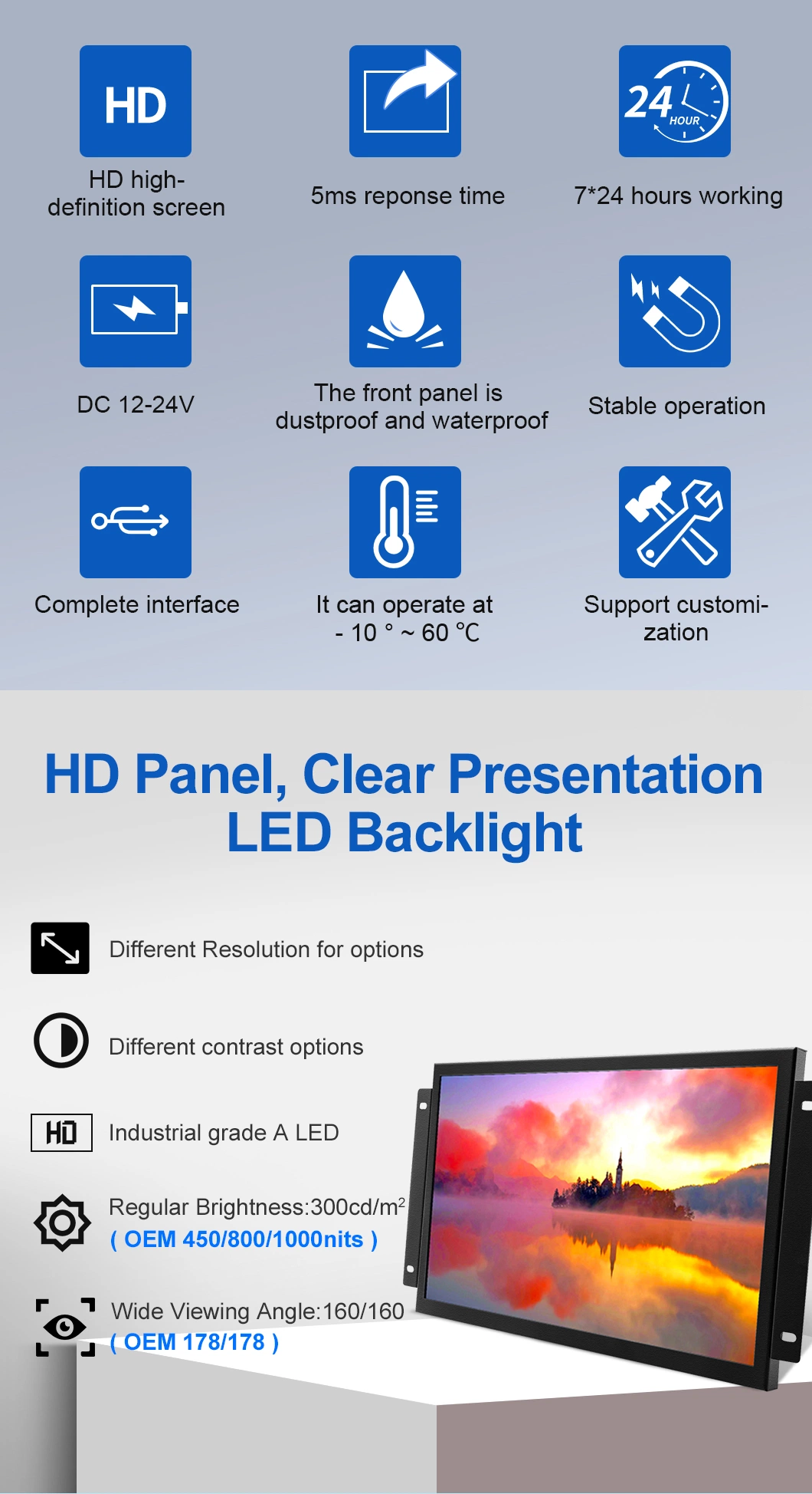 Factory OEM ODM 9.7&quot;~ 23.6&quot; Inch Open Frame Vesa Wall Rack Mounted Metal TV Kiosk Monitor with HD-Mi VGA Resistive Touch Screen for Industrial