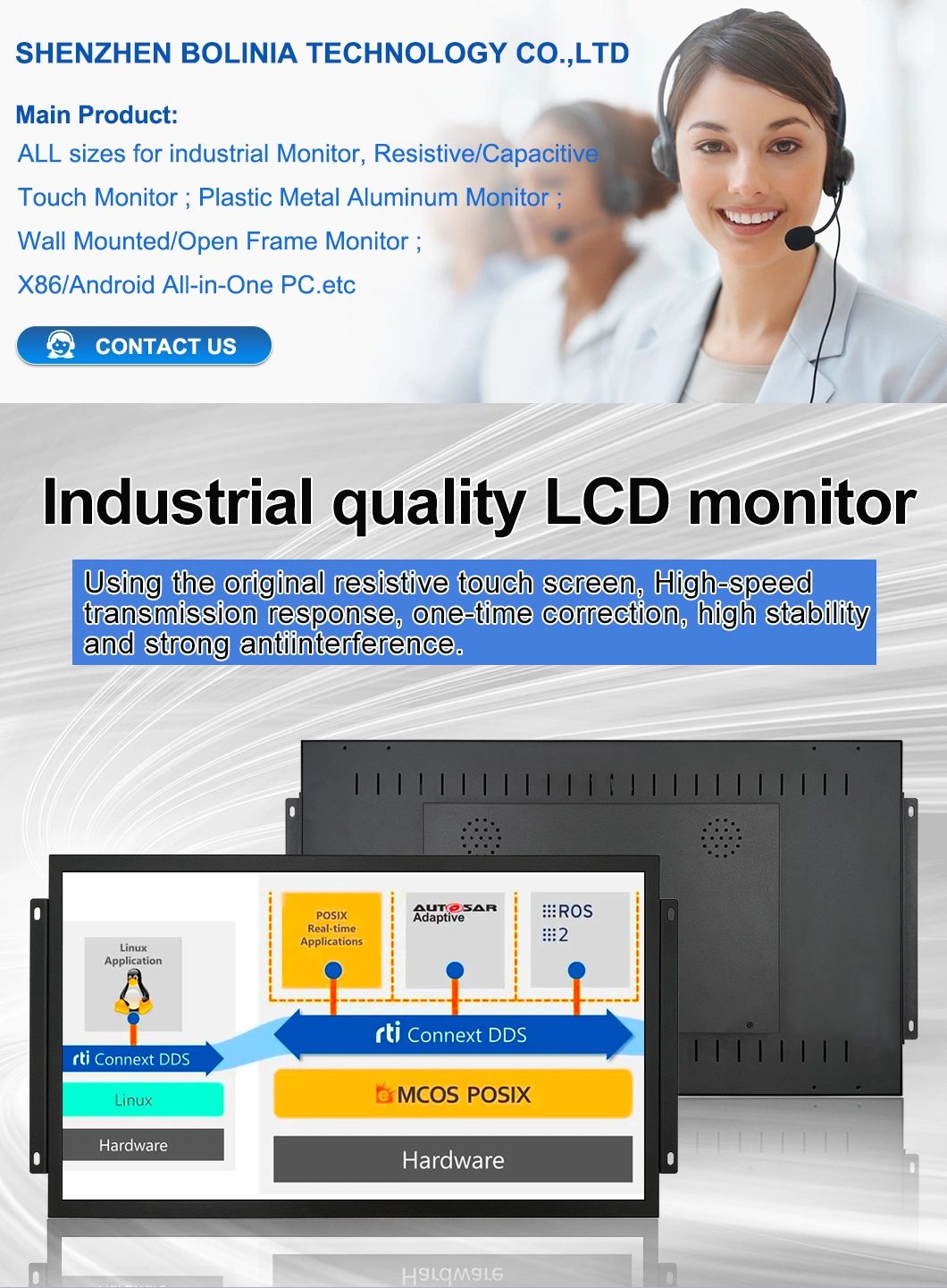 Factory OEM ODM 9.7&quot;~ 23.6&quot; Inch Open Frame Vesa Wall Rack Mounted Metal TV Kiosk Monitor with HD-Mi VGA Resistive Touch Screen for Industrial