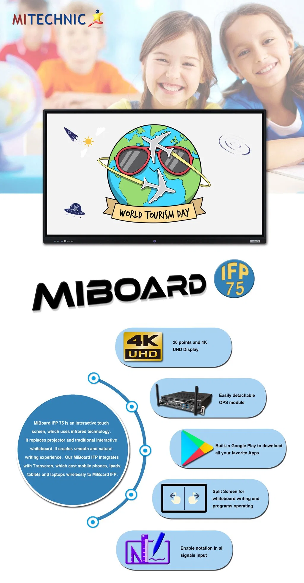 New 75 Inch Infrared LED Touch Computer Touch Interactive Flat Smart Board Miboard Whiteboard Display 4K LCD Screen Panel Kiosk OEM ODM