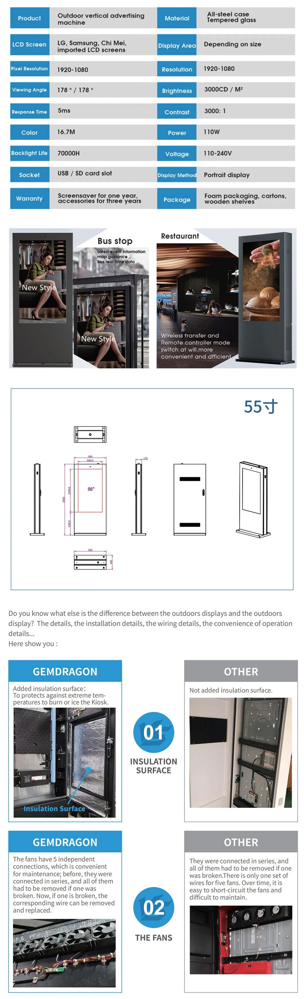 Outdoor Waterproof Digital Signage Advertising LCD Display High Resolution 3000 Nits Video Technical Support Free Spare Parts TFT