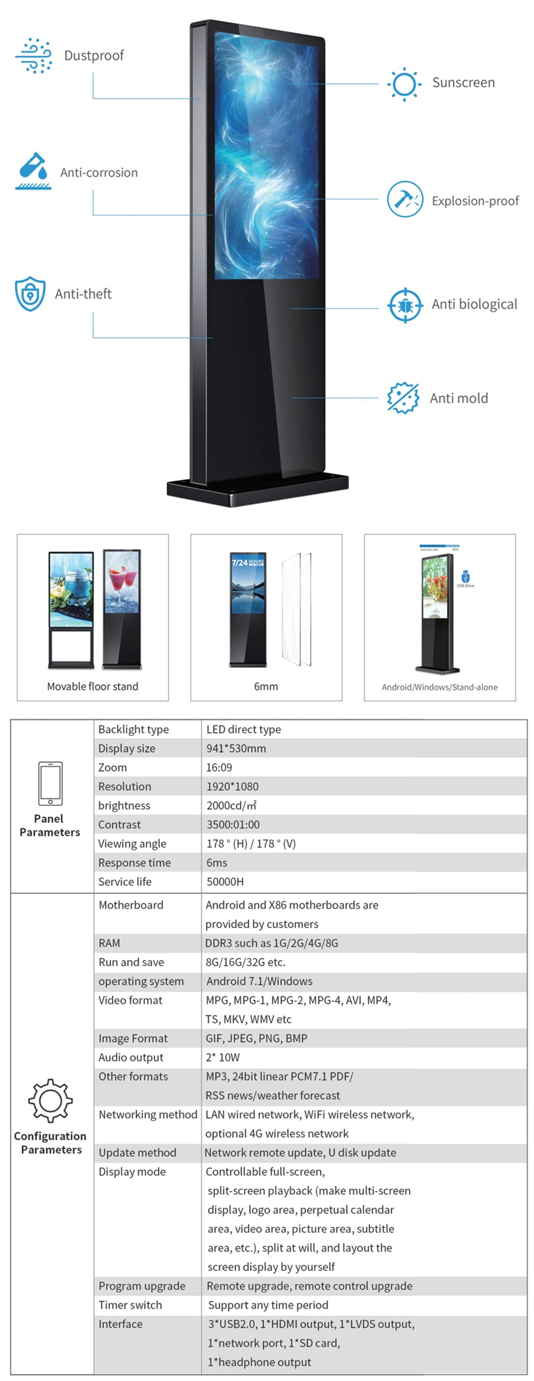 Outdoor IP65 Super Slim 55inch Waterproof Digital Signage FHD with Android System