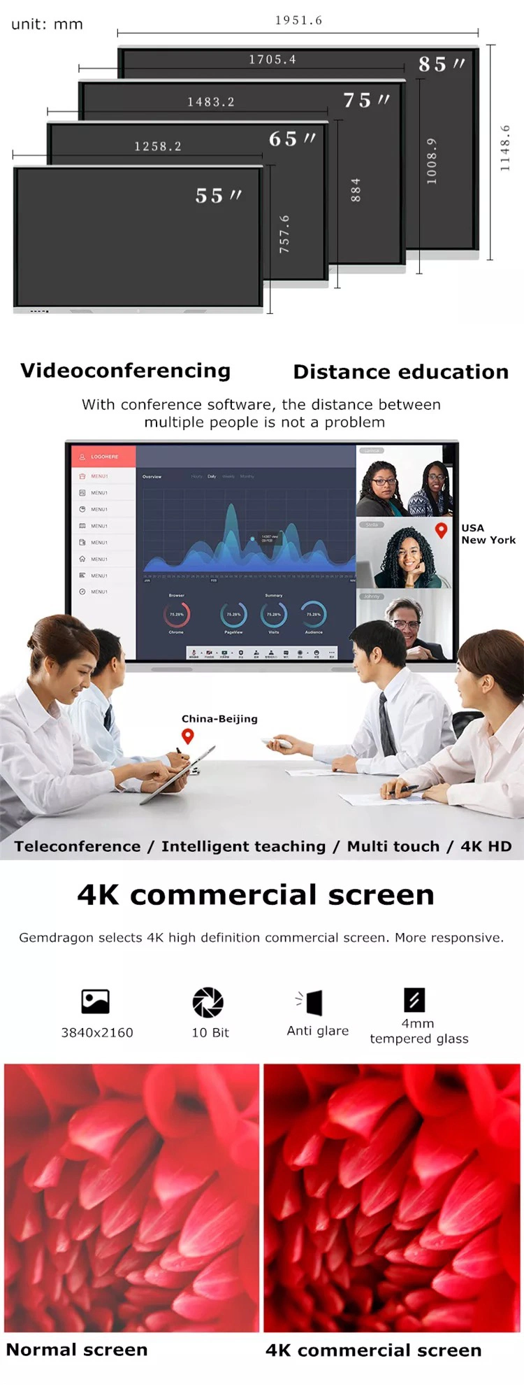 42, 43, 49, 50, 55, 65, 75, 85-Inch LCD 4K 3840 2160 Android Interactive Smart Touch Screen Advertising Display Monitor Kiosk, Touchscreen Information Kiosk