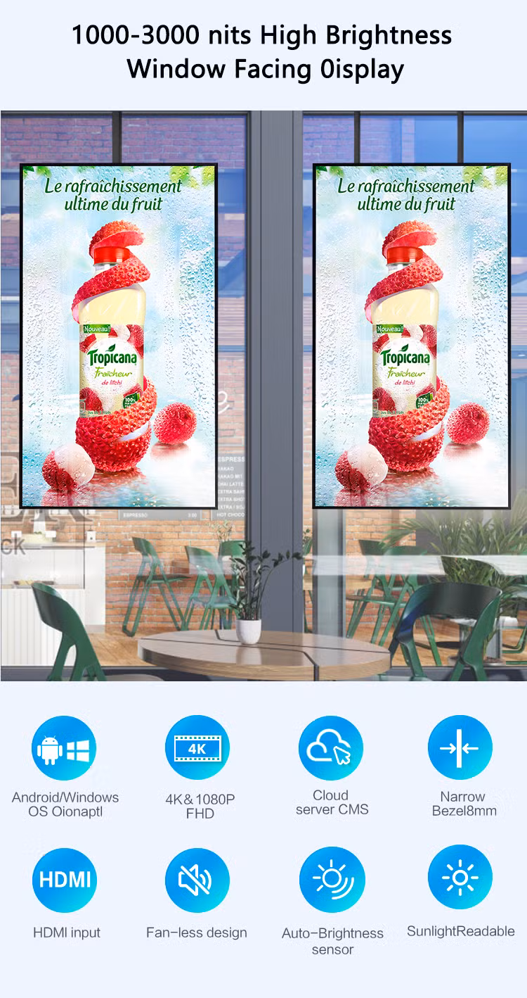 Semi Outdoor 1000-2500 Nits Video Digital High Brightness Player Shops LCD Advertising Signage Window Facing Display Screen