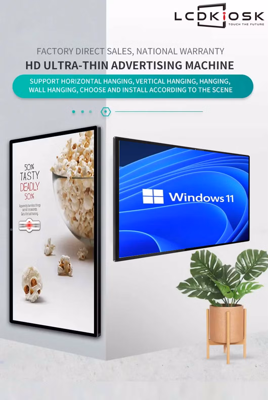 Wall-Mounted Indoor Digital Signage LCD Display Media Poster Smart TV Computer Monitor Touch Screen Kiosk for Information Advertisement.