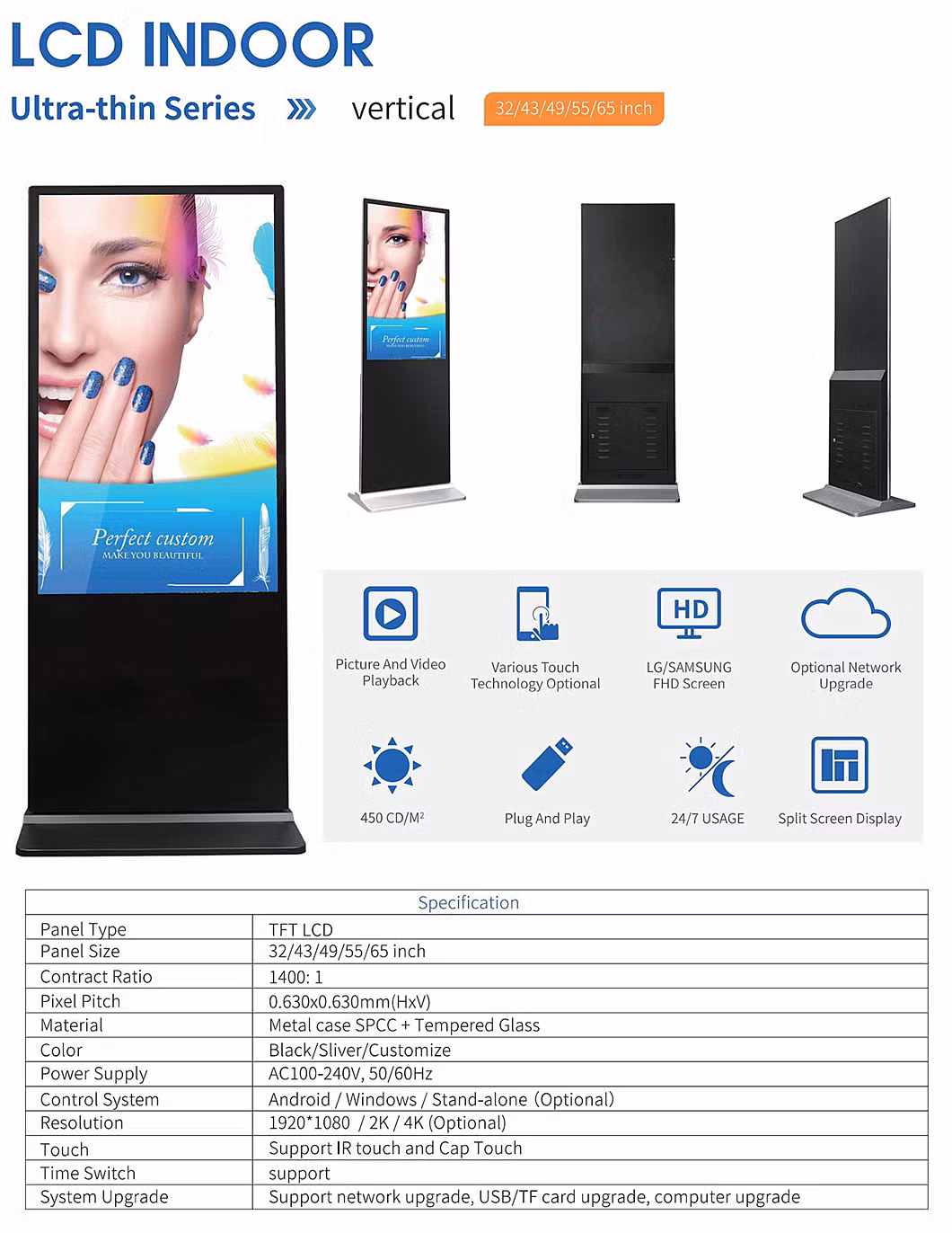 32 42 43 49 55 65 75 Inch Kiosk Totem Vertical Advertising Interactive Touch Screen Price Digital Signage LCD Digital Display Kiosk 55