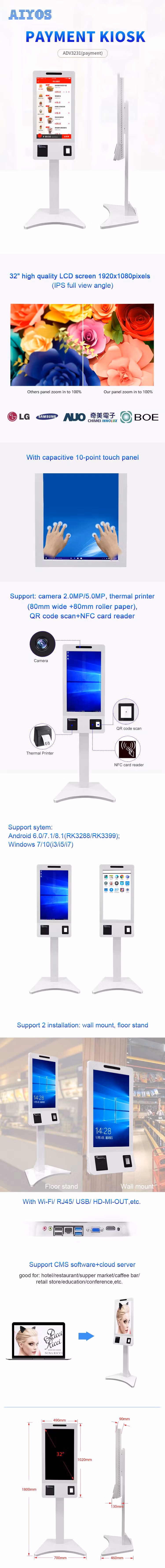 32 Inch Touch Screen Self Service Kiosk Ordering Kiosk Fast Payment Machine for Fast Food Restaurant