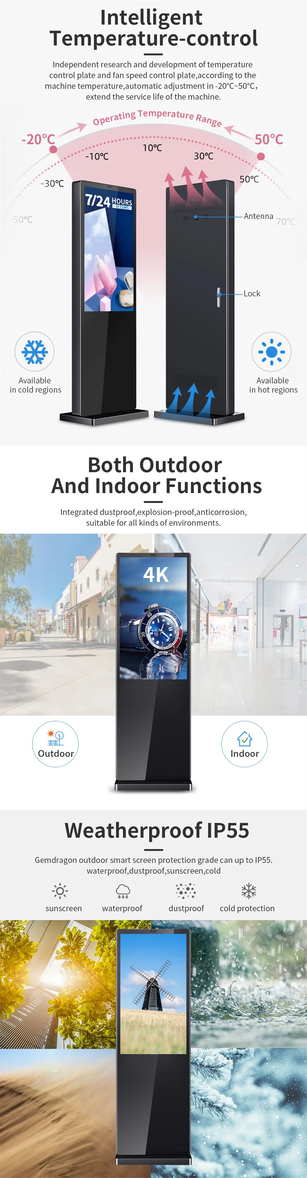 China Supplier 32 43 55 65 75 86 Inch LCD Display Standalone / Network / Touch Screen Kiosk Floor Standing Digital Signage Outdoor