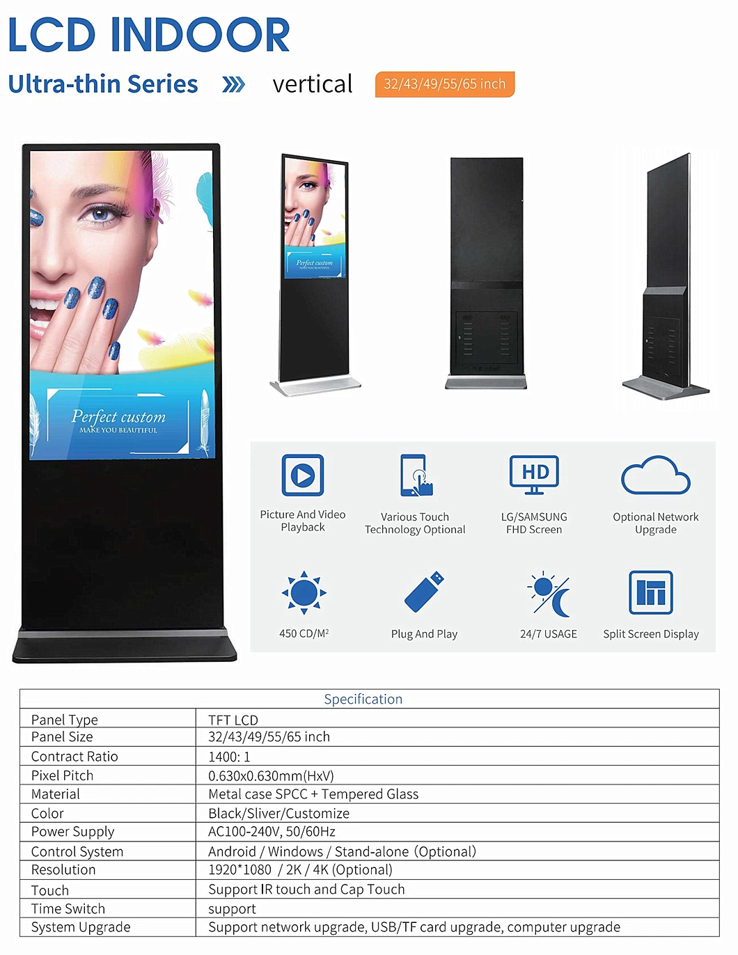 Indoor Ad Player 32 43 55 65 75 Inch Interactive Totem Touch LCD Monitor Panel Kiosk Advertising Standee Android Digital Signage Player Floor Standing Display