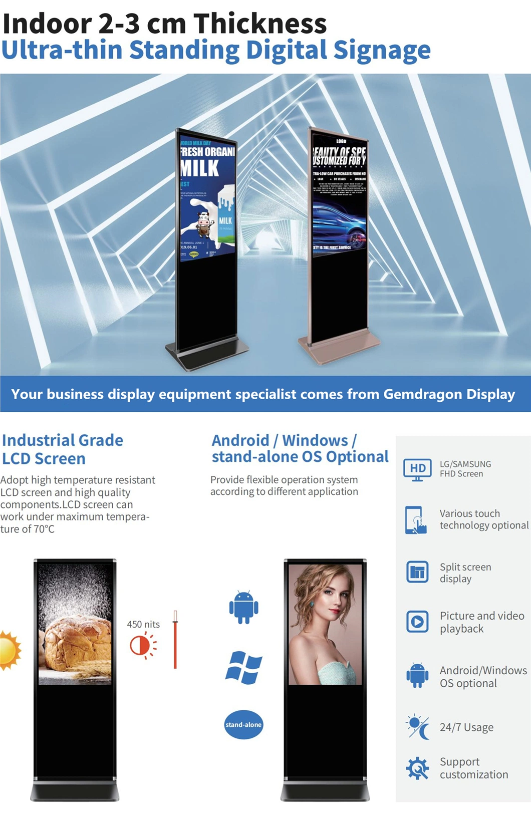 Indoor Ad Player 32 43 55 65 75 Inch Interactive Totem Touch LCD Monitor Panel Kiosk Advertising Standee Android Digital Signage Player Floor Standing Display