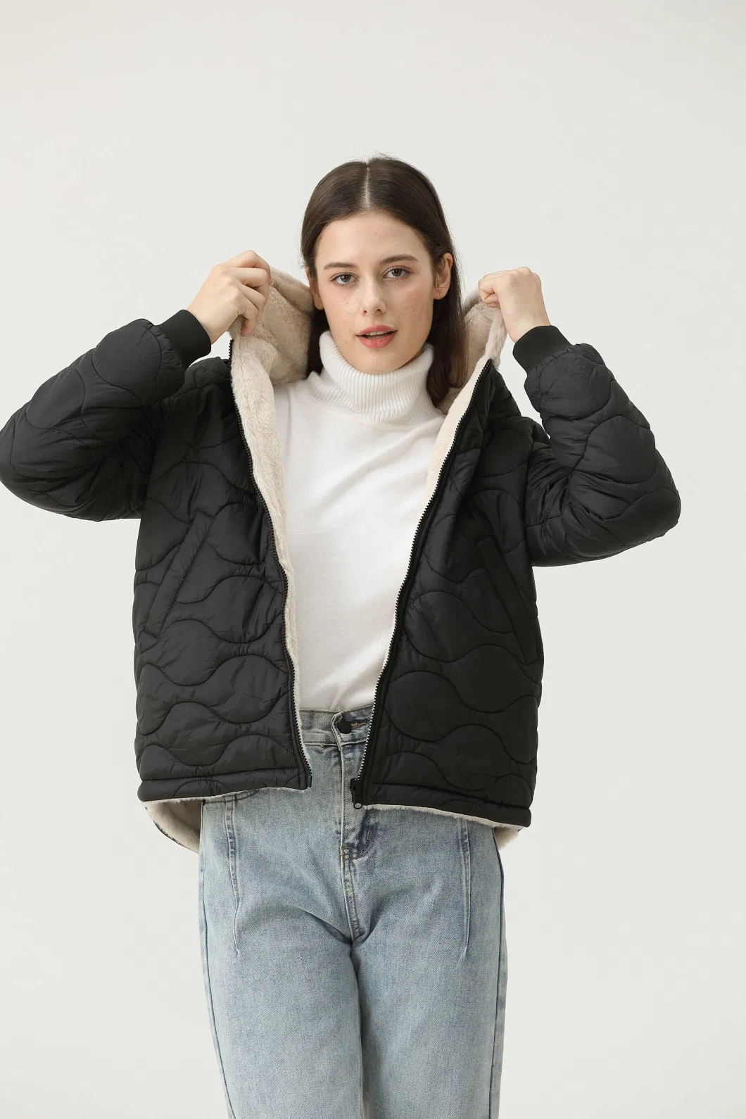 OEM Hooded Crop Women Padding Thick Fleece Lining Cotton Jacket