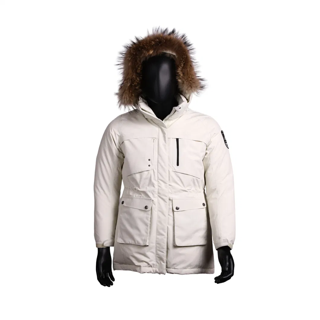 Custom Winter Waterproof Thick Anti-Wrinkle Windproof Grey Goose Down Jacket for Women Long Parka Fur Hood Down Jacket