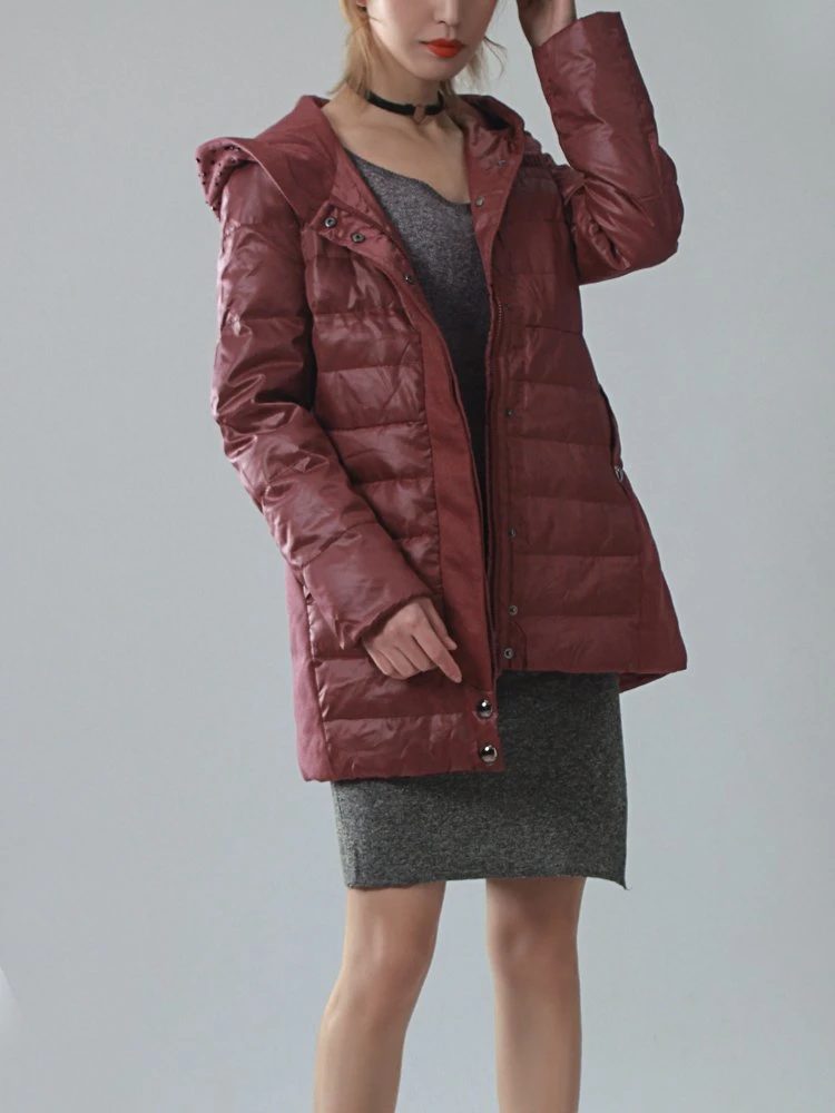 Women 2024 Light Goose Down Jacket Long Style Bright Face Loose Down Jacket Maroon Color