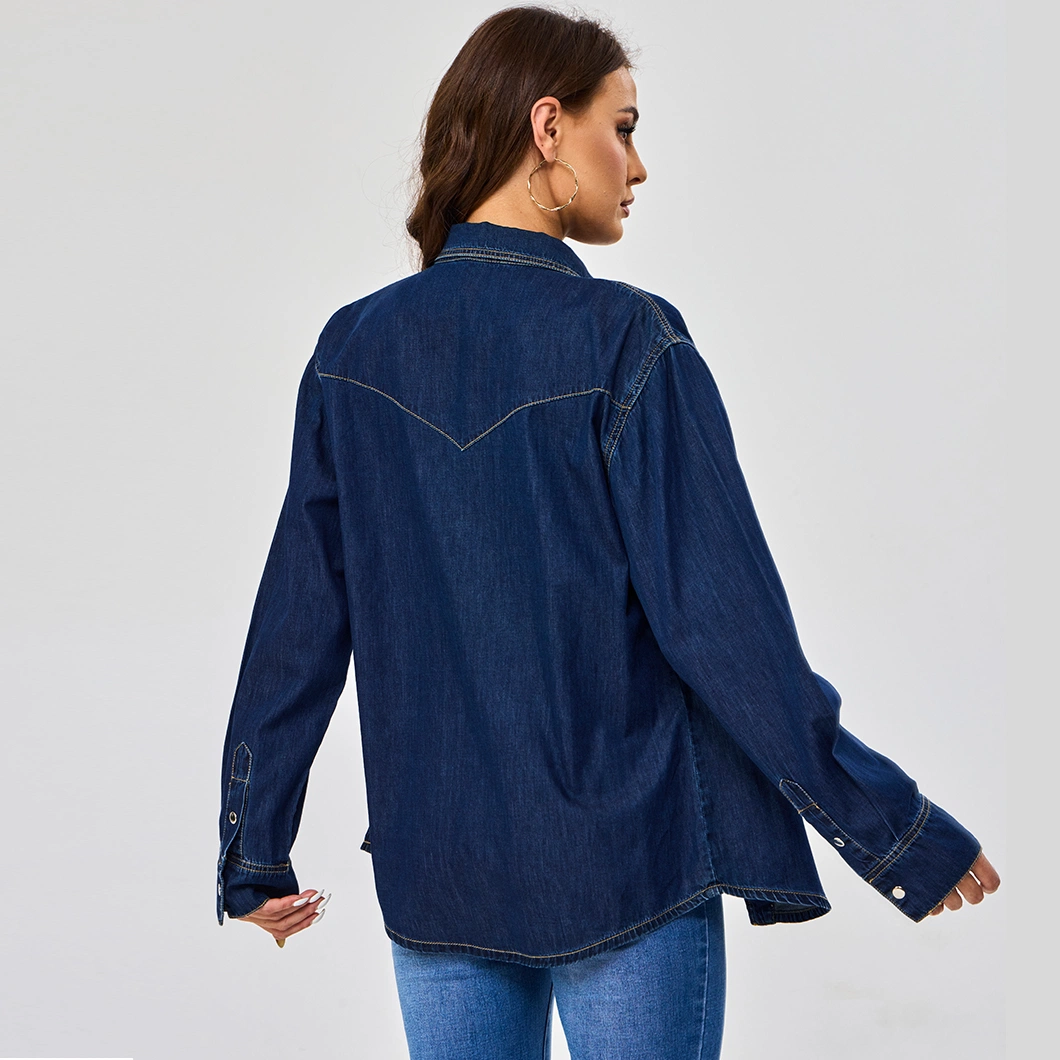 Custom Plus Size Blue Denim Pocket Outerwear Collar Down Long Sleeve Women Jacket