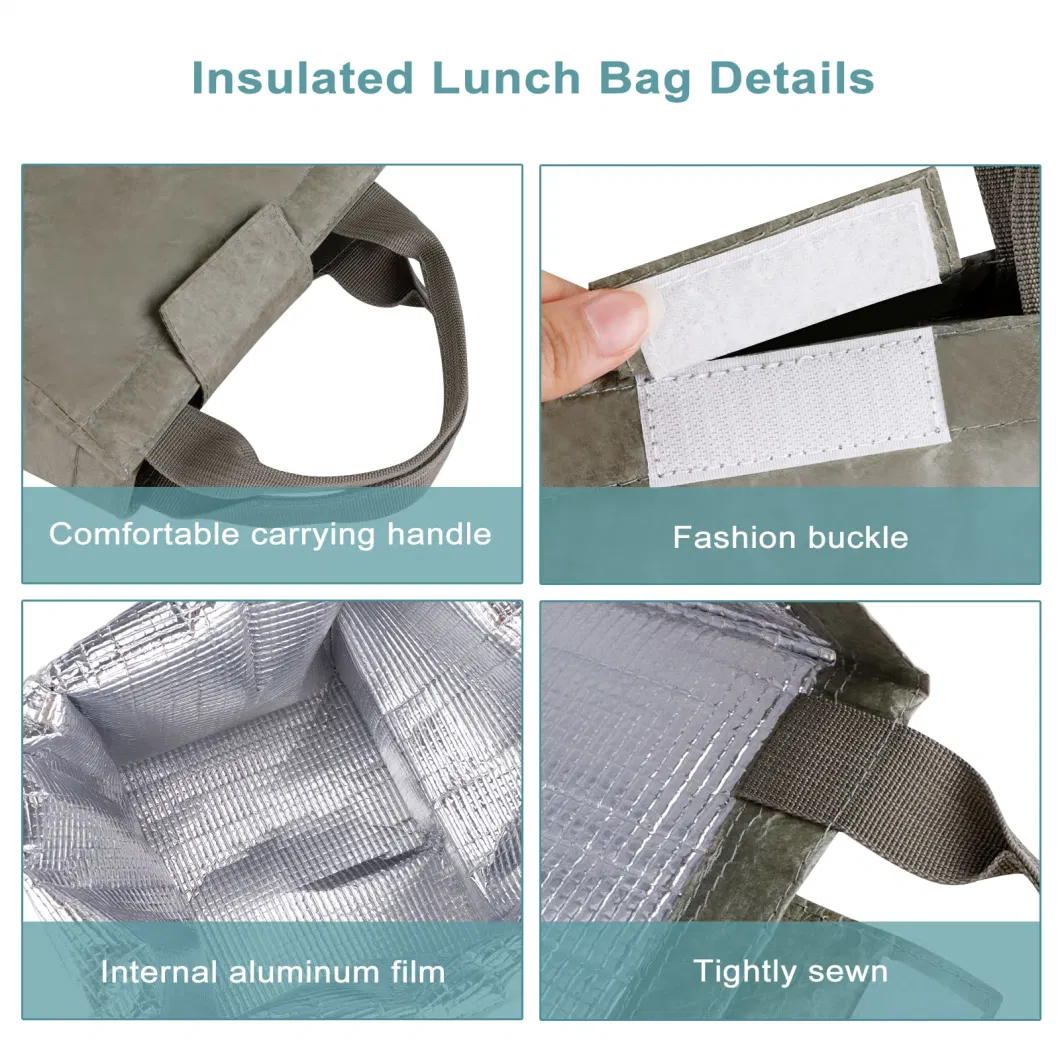 Eco Friendly Custom Logo Reusable Tyvek Paper Lunch Bag Green Waterproof Cooler Bag Foldable Insulated DuPont Paper Thermal Bag