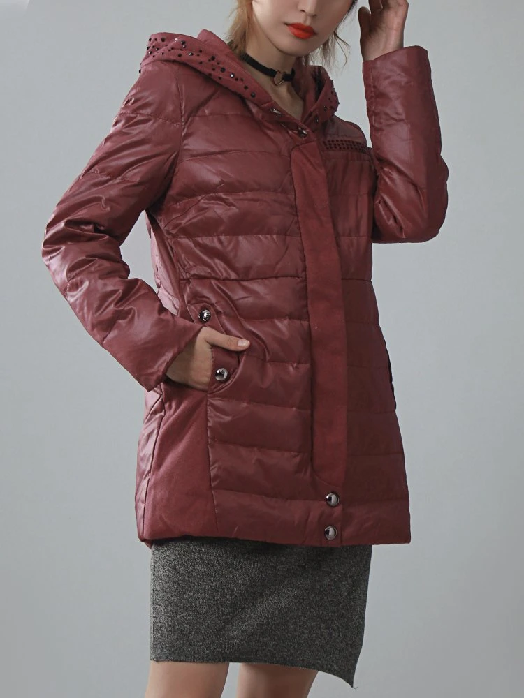 Women 2024 Light Goose Down Jacket Long Style Bright Face Loose Down Jacket Maroon Color