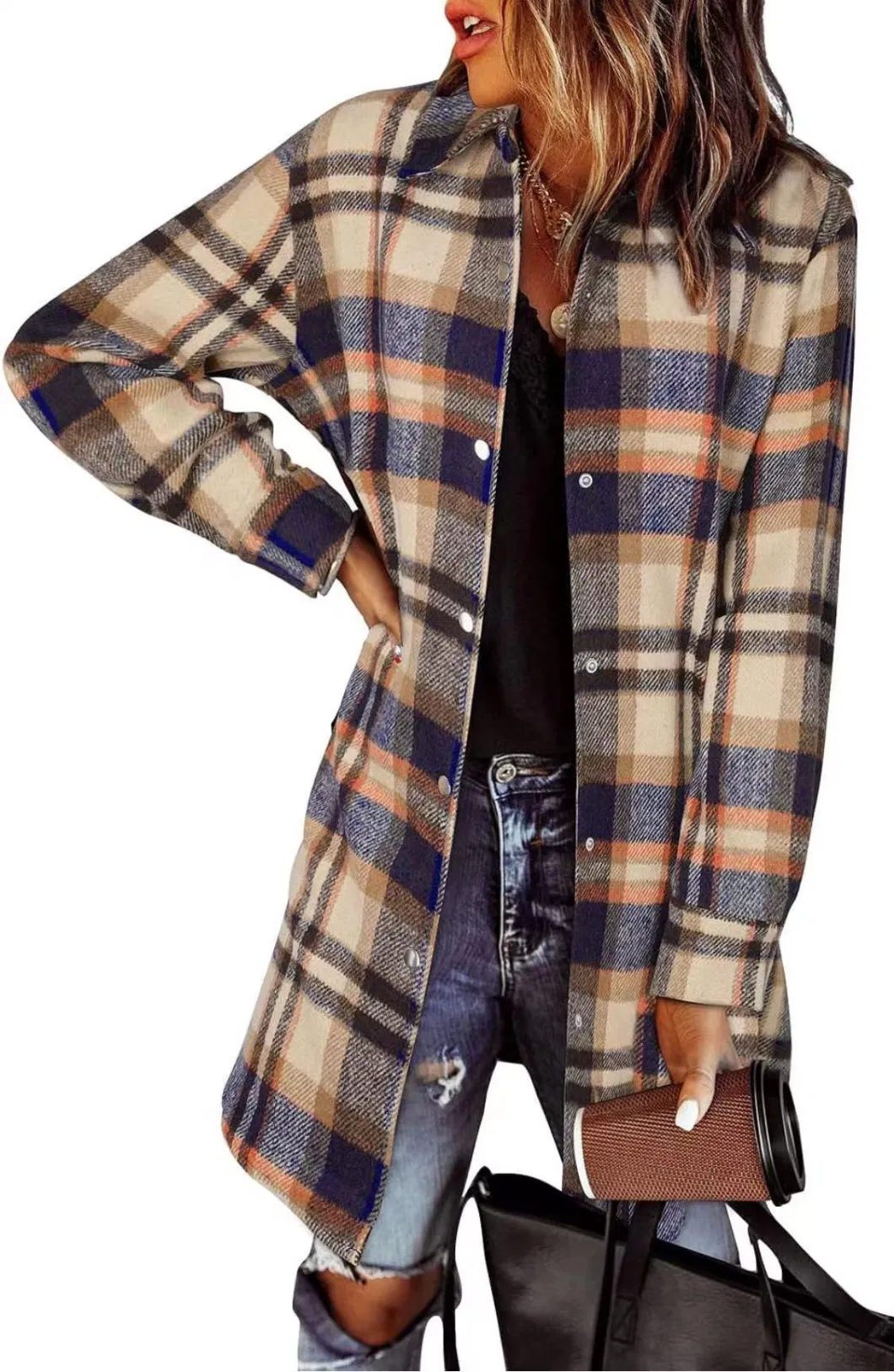 Women&prime;s Top Color Block Plaid Shacket Jacket Womens Fall Fashion Outfits Long Sleeve Button Down Flannel Shirts Coats