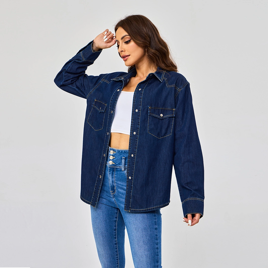 Custom Plus Size Blue Denim Pocket Outerwear Collar Down Long Sleeve Women Jacket