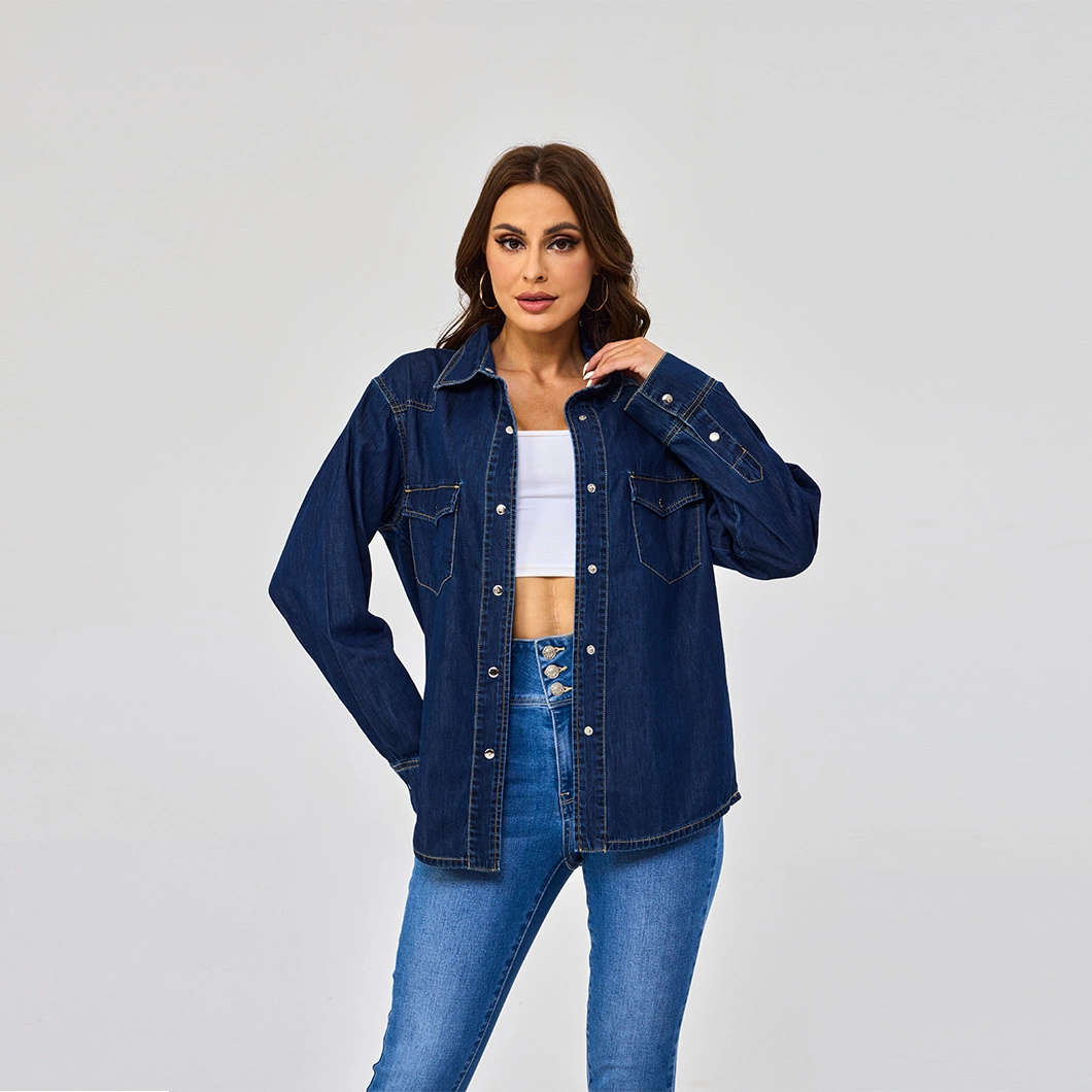 Custom Plus Size Blue Denim Pocket Outerwear Collar Down Long Sleeve Women Jacket