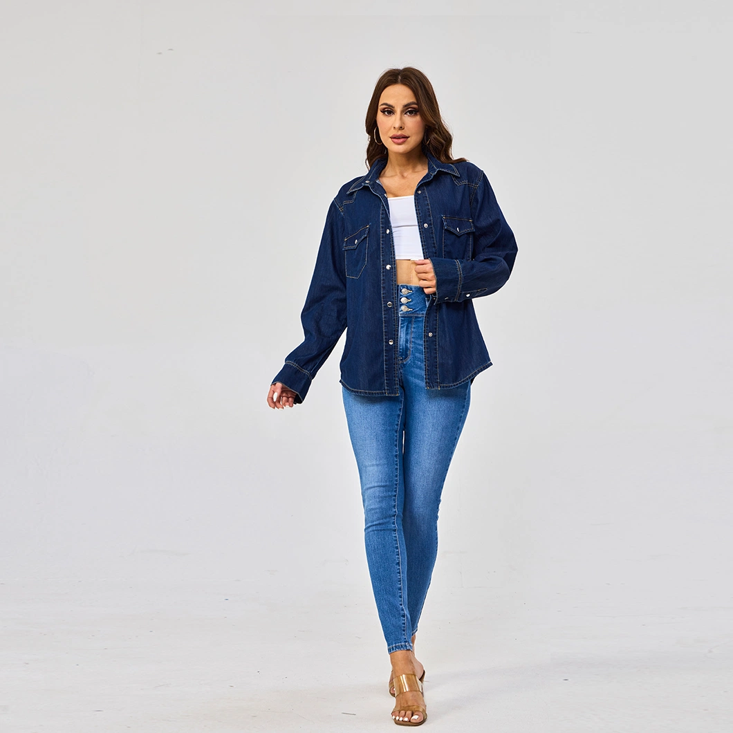 Custom Plus Size Blue Denim Pocket Outerwear Collar Down Long Sleeve Women Jacket