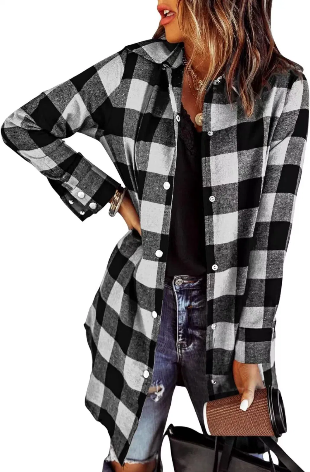 Women&prime;s Top Color Block Plaid Shacket Jacket Womens Fall Fashion Outfits Long Sleeve Button Down Flannel Shirts Coats