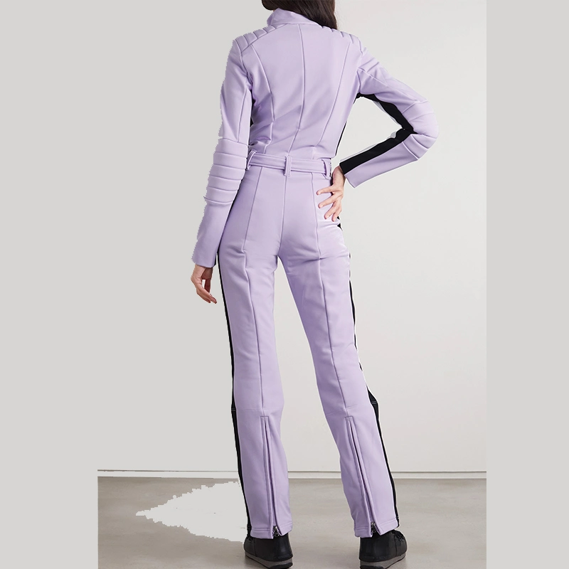 New Design Four-Way Stretch Water and Wind-Proof Insulating Fleece Zipped Pockets Belted Striped Stretch Women Ski Suit