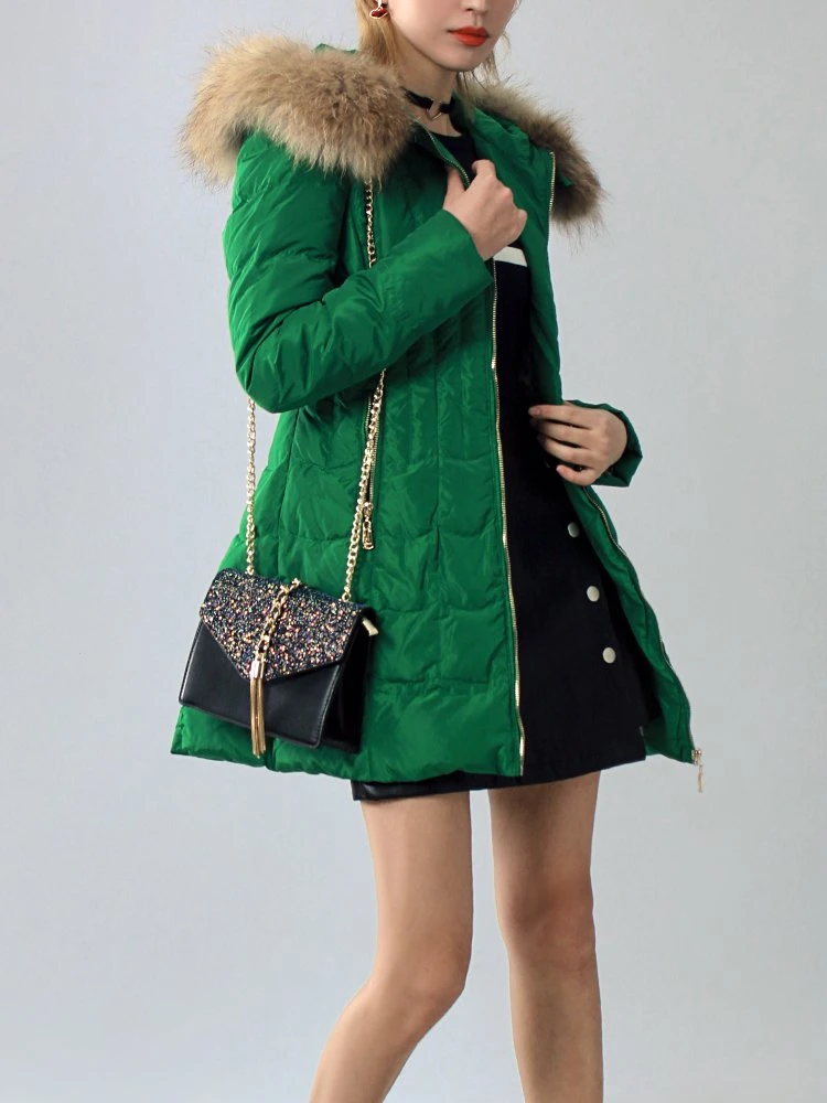 2024 New Women Winter MID-Length Outerwear Down Jackets Fur Collar Belt Long Sleeves Coats Green Color