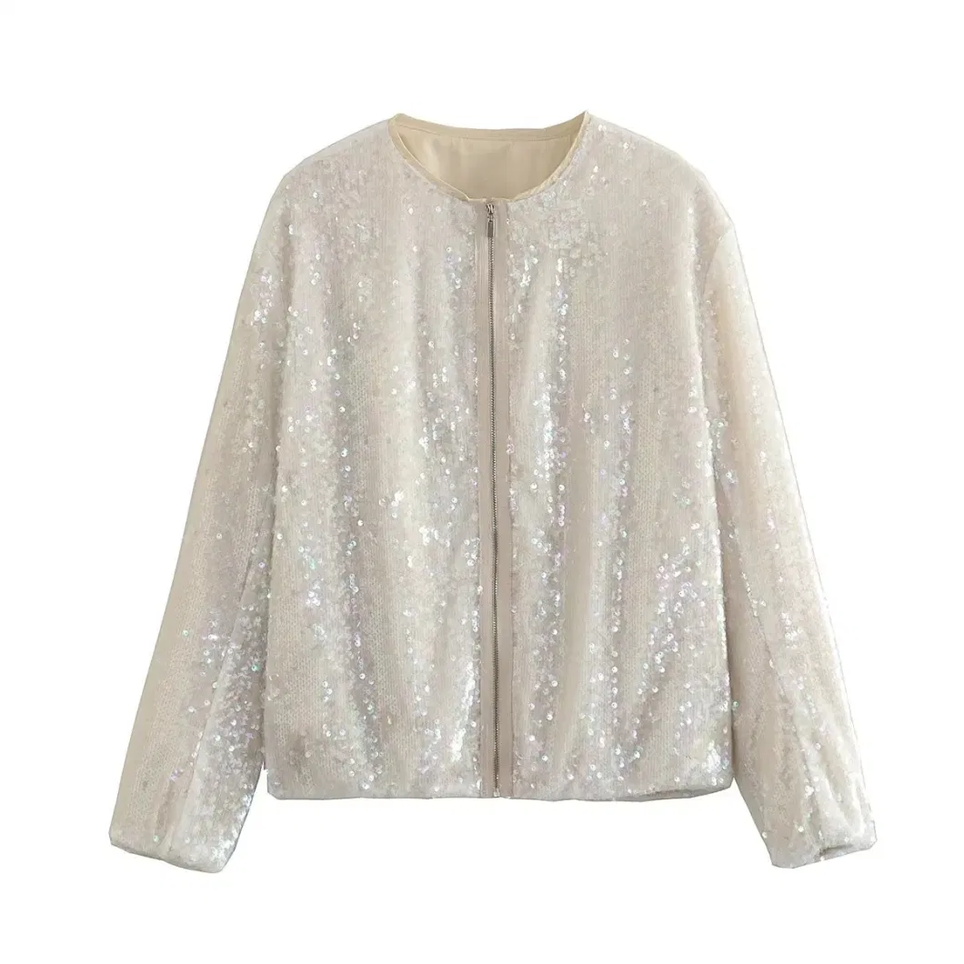 Women&prime;s Sequin Shiny Long Sleeve Front Zipper Blazer Bomber Jacket