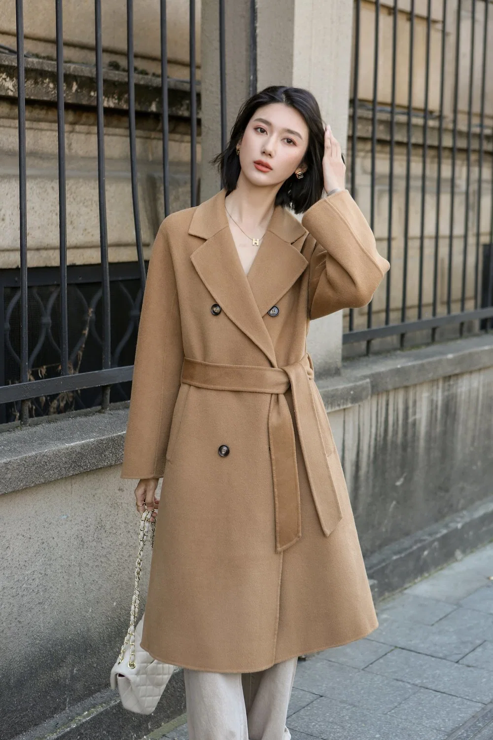 Double Breasted Solid Woolen Handmade Women Long Trench Coat