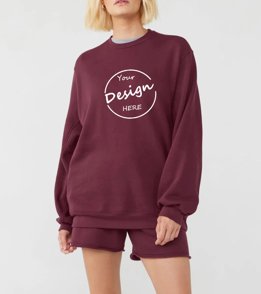 Custom Logo Womens Athletic Ribbed Crew Neck Baggy Sweatshirt Puff Print Plain Plus Size Drop Shoulder Oversized Fleece Cotton Hoodies