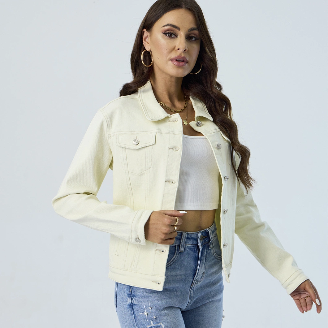 Custom Beige Colored Collar Down Long Sleeve Denim Women Motorcycle Jacket