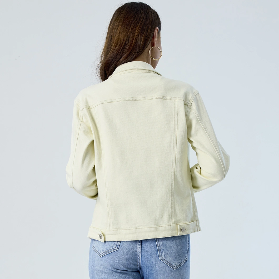 Custom Beige Colored Collar Down Long Sleeve Denim Women Motorcycle Jacket