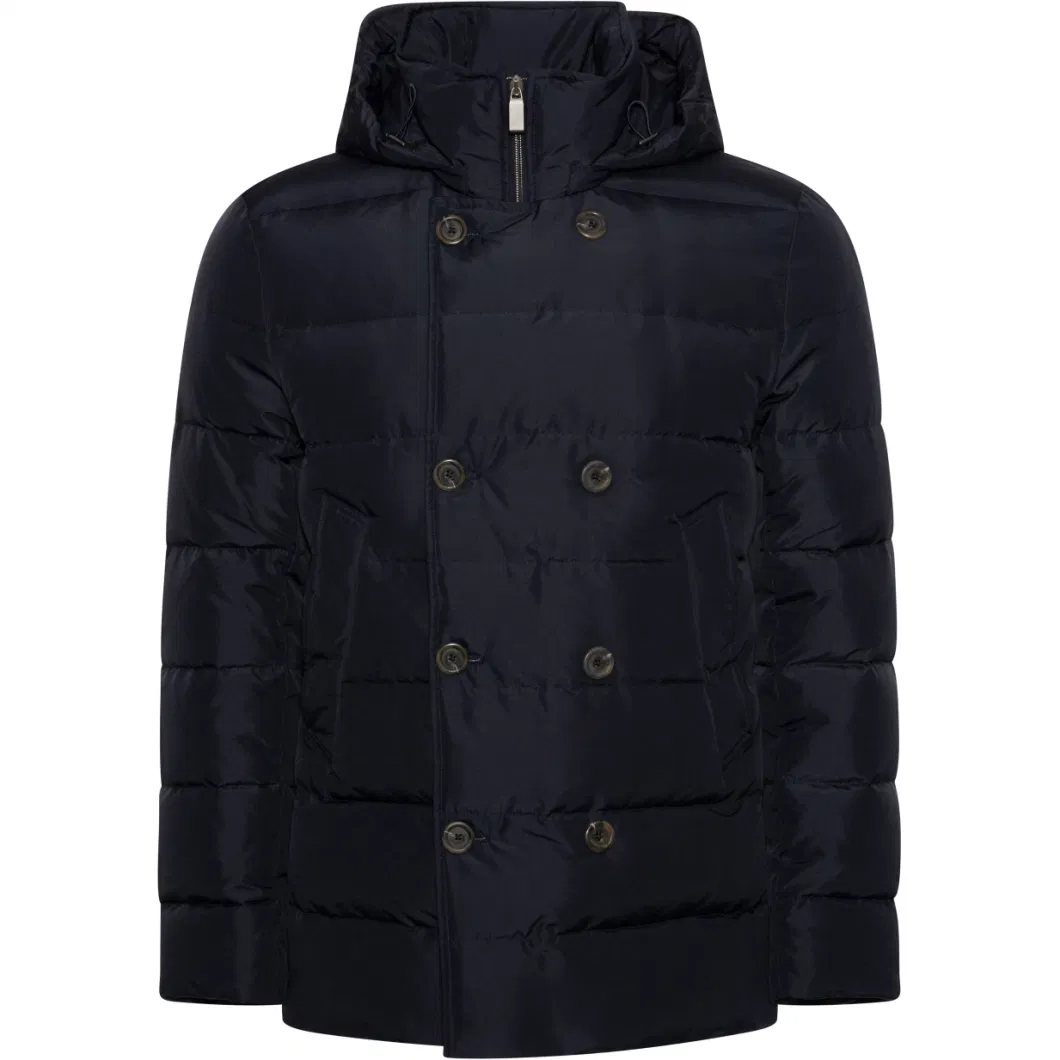 Solid Color Dark Blue Double-Breasted Windbreaker Woolen Trench Coats for Men