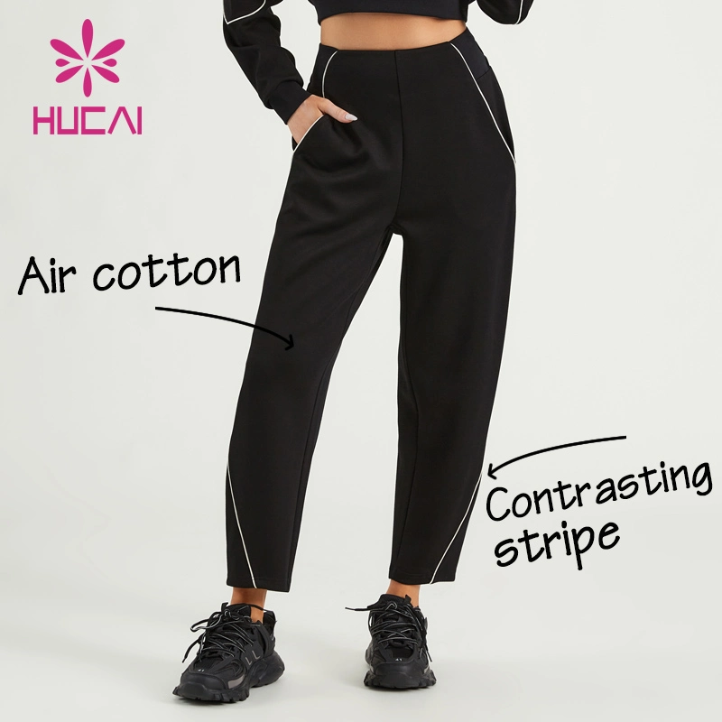 Hucai Women Sports Pants Air Cotton Contrasting Stripe Fitness Joggers