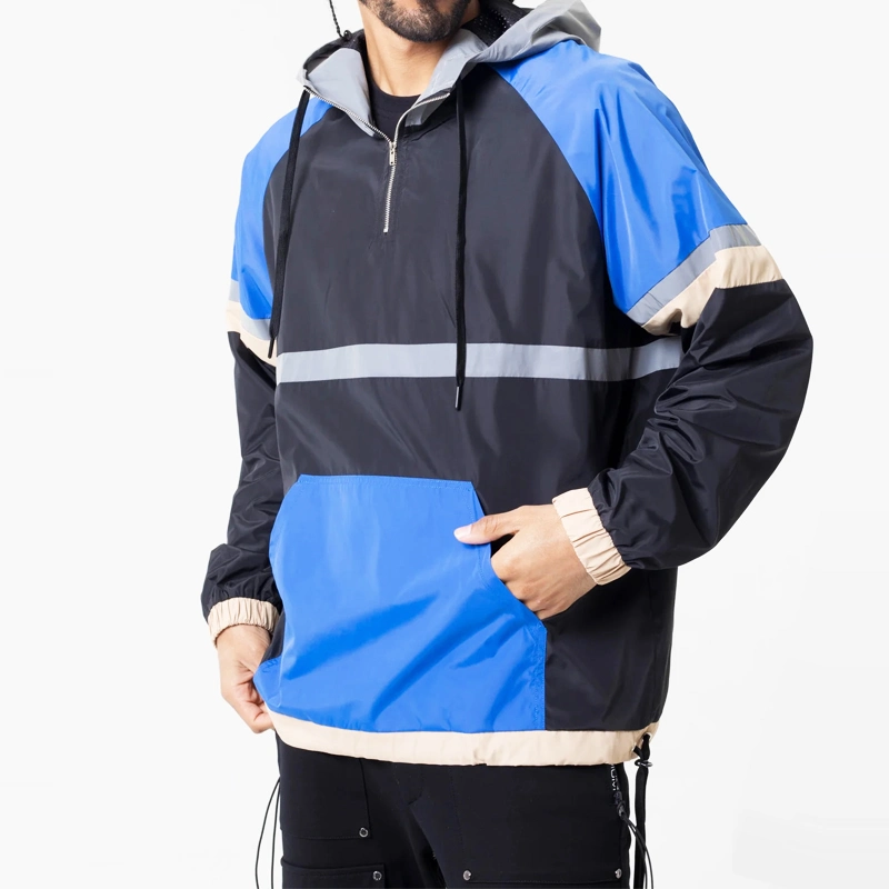 Refletive Polyester Color Block Men Quarter Zipper Windbreaker Jacket