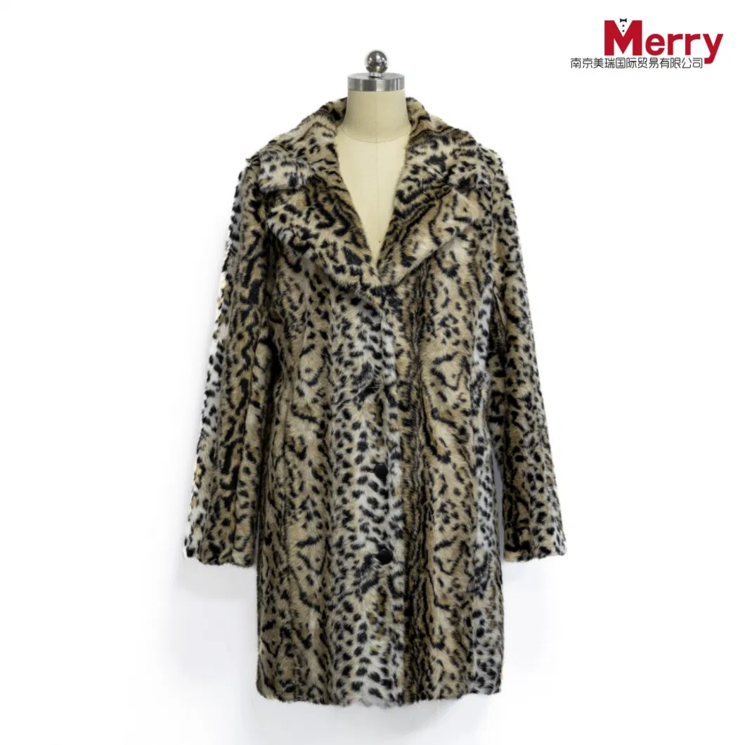 Winter Women Faux Fur Jacket Fashion Outer Wear Coat with Leopard Print