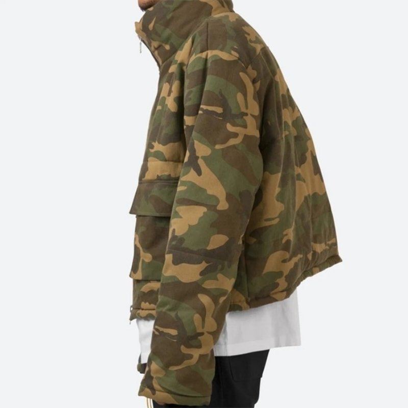 Green Camouflage Print Coat Custom Down Goose Cropped Winter Jacket