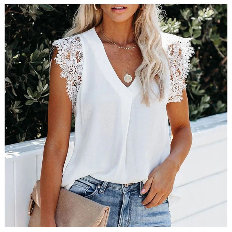 2023 Wholesale High Quality White Sleeveless Crochet Lace Tops Fashion Women&prime;s Shirt