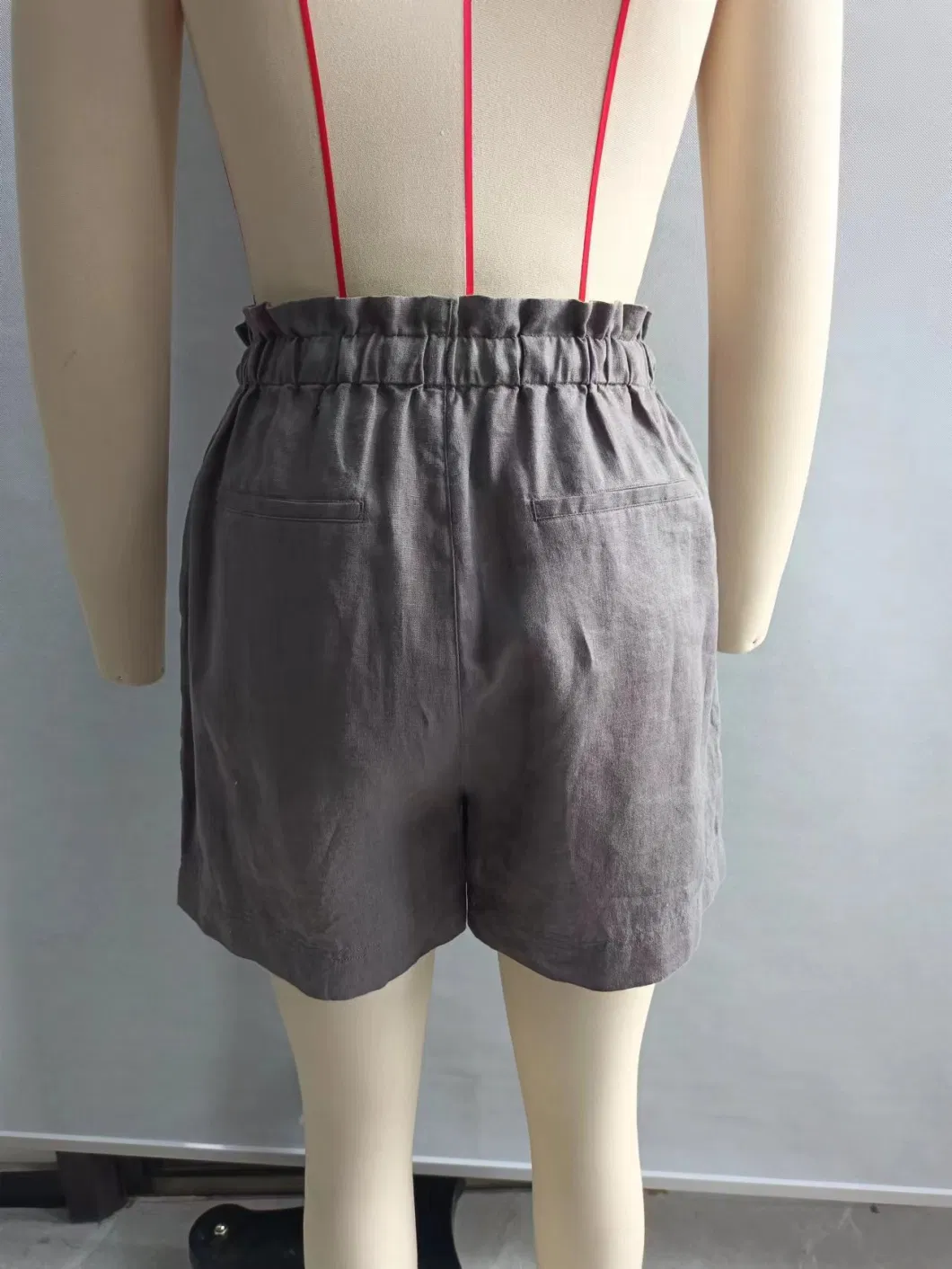 Breathable 100% Linen Women Casual Short Pants with Frill &amp; Elastic Waistband