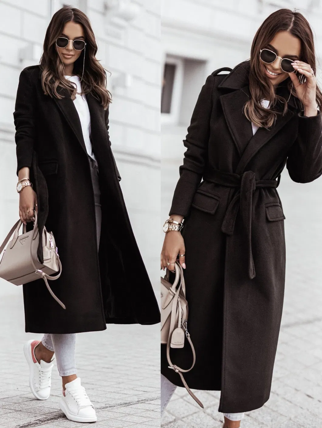 Hot Selling Coat Woolen Coat Autumn and Winter Minimalist Long Sleeved V-Neck Strap Women&prime;s Wool Coat