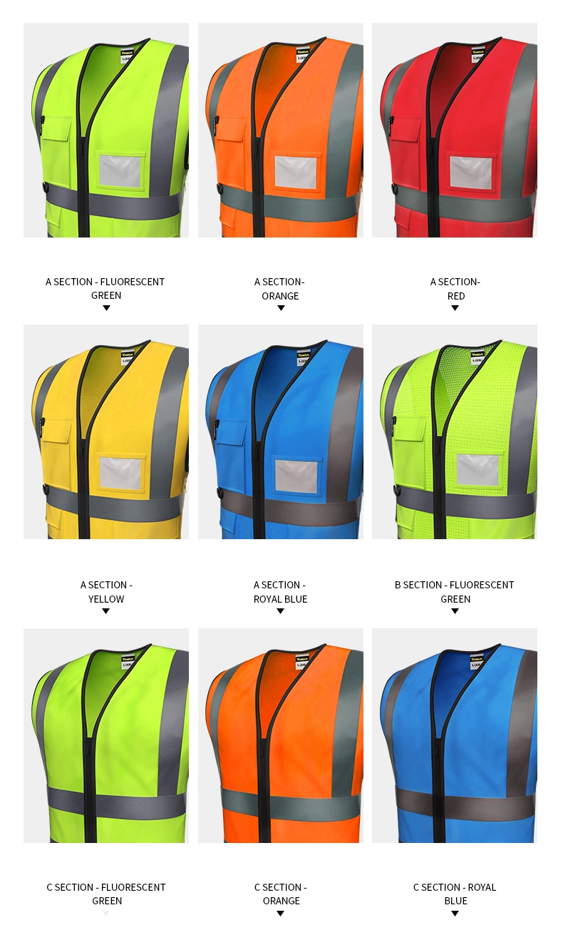 Men/Women Adjustable Reflective Safety Vest Front Zipper High Visibility Workwear with Pockets