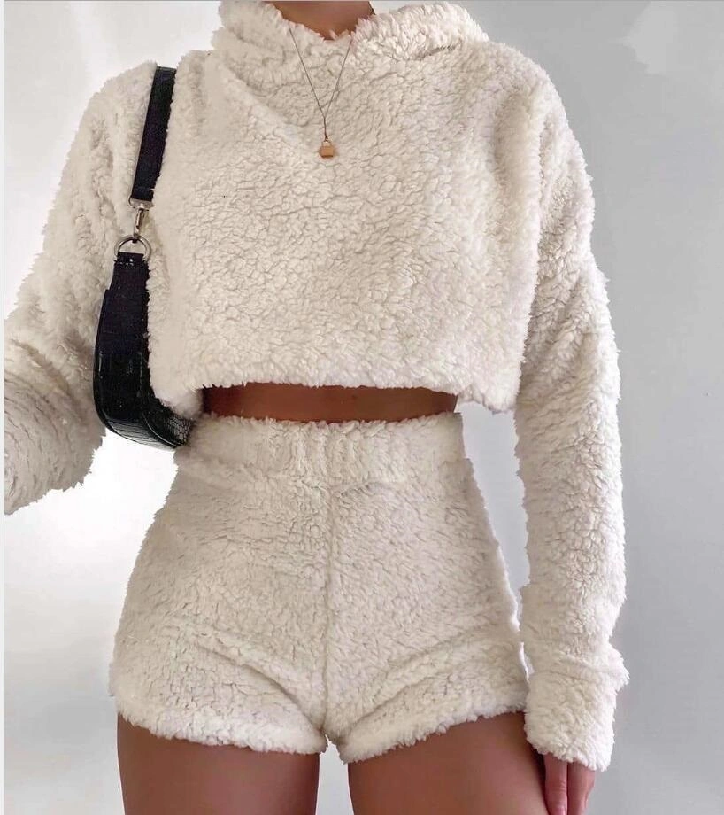 Women Fleece Suit Hooded Sweatshirts with Sexy Shorts Casual Wear Esg16492