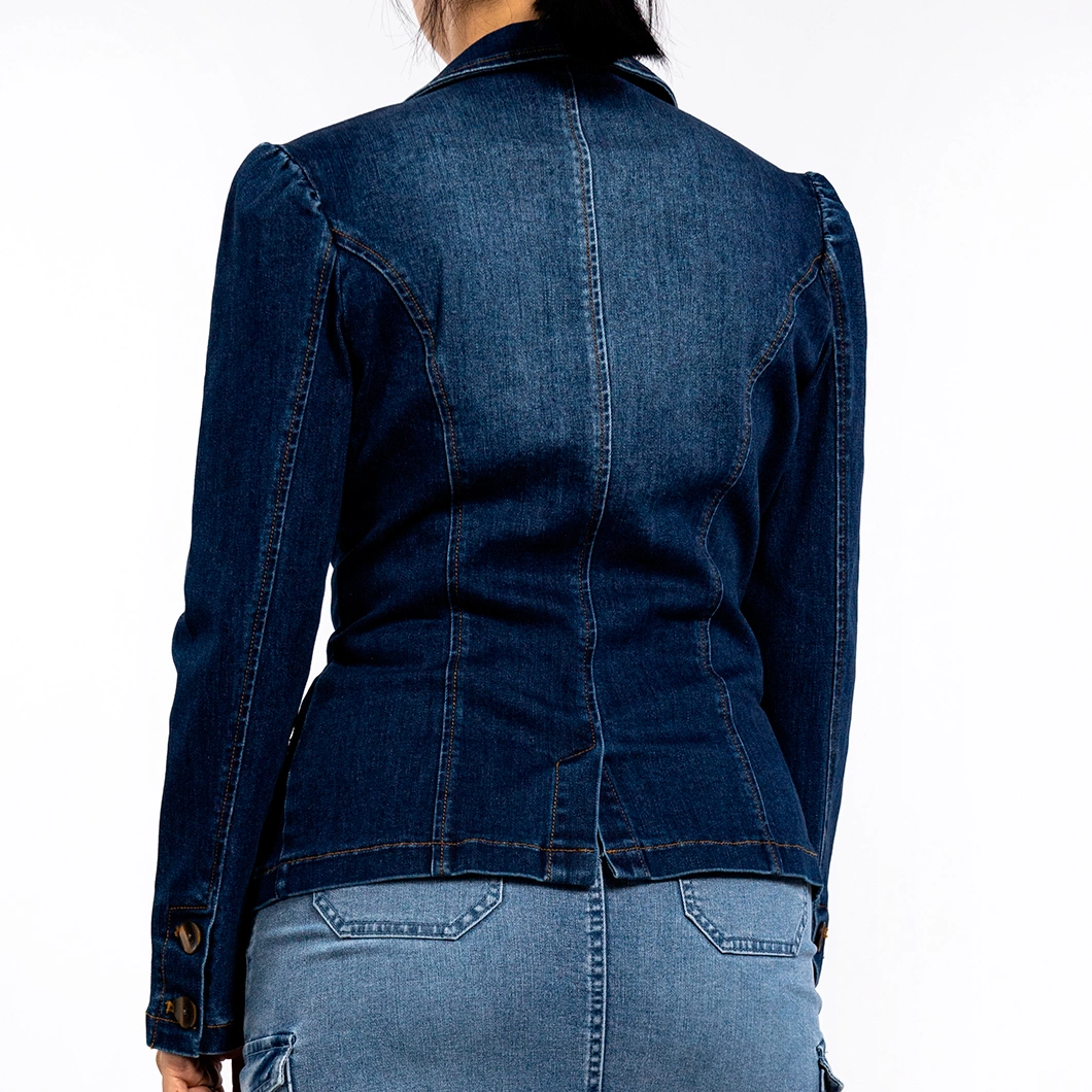 Women&prime;s Blue Lapel Slim Waist Washed Denim Blazer Jean Jacket