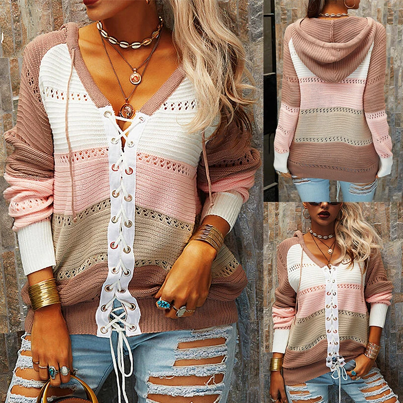 New Style Ladies Cardigan Sweater Contrast Stitching Sweater with Hood