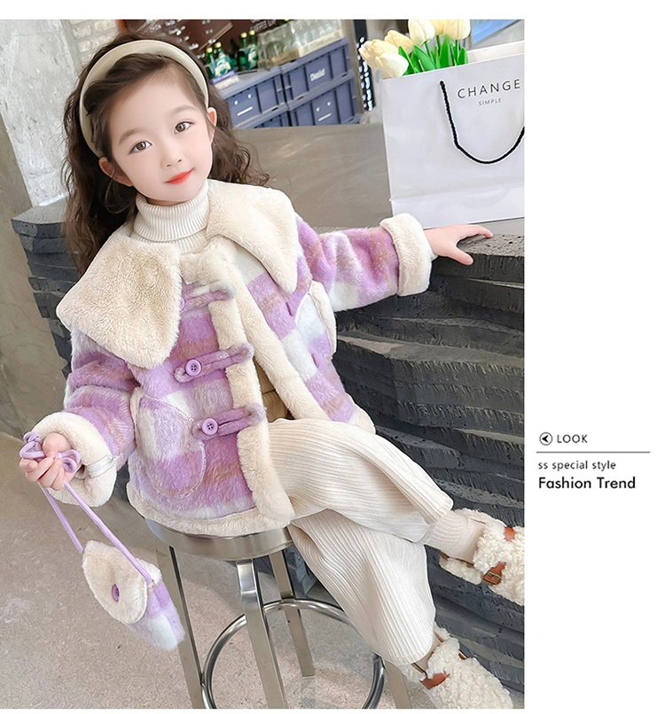 Nnr Winter Faux Leather Female Jacket Wool Fur Lamb Outer Coat for Little Kids Girl