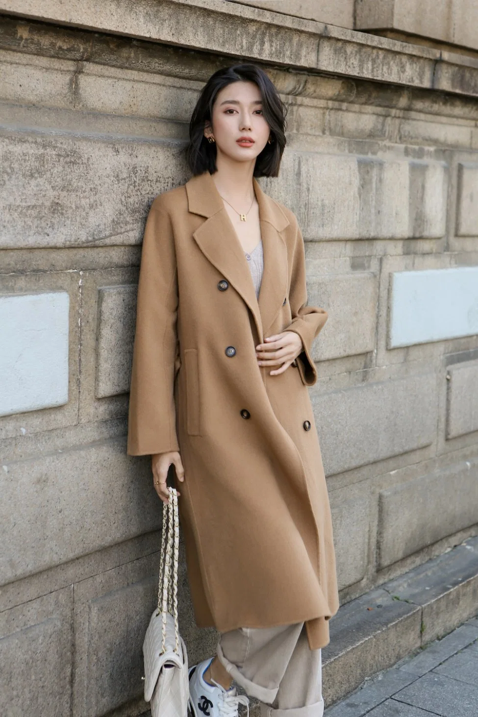 Double Breasted Solid Woolen Handmade Women Long Trench Coat