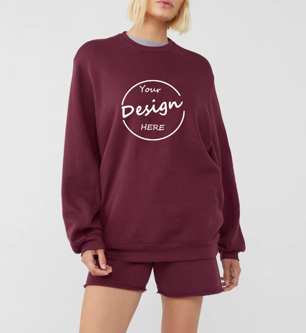 Custom Logo Womens Athletic Ribbed Crew Neck Baggy Sweatshirt Puff Print Plain Plus Size Drop Shoulder Oversized Fleece Cotton Hoodies