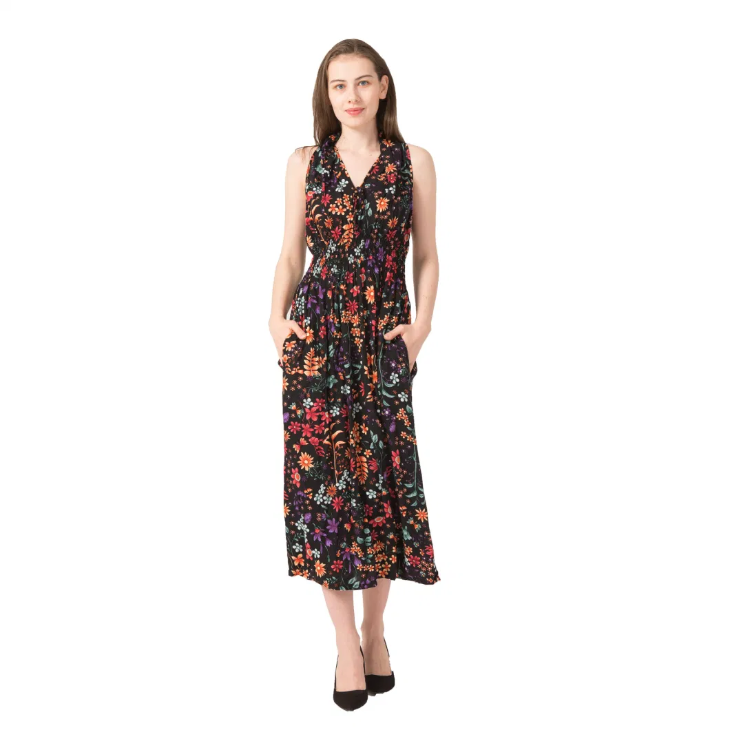 Ladies Elegant Vintage Customized Pattern Sleeveless Floral Dresses Women for Summer