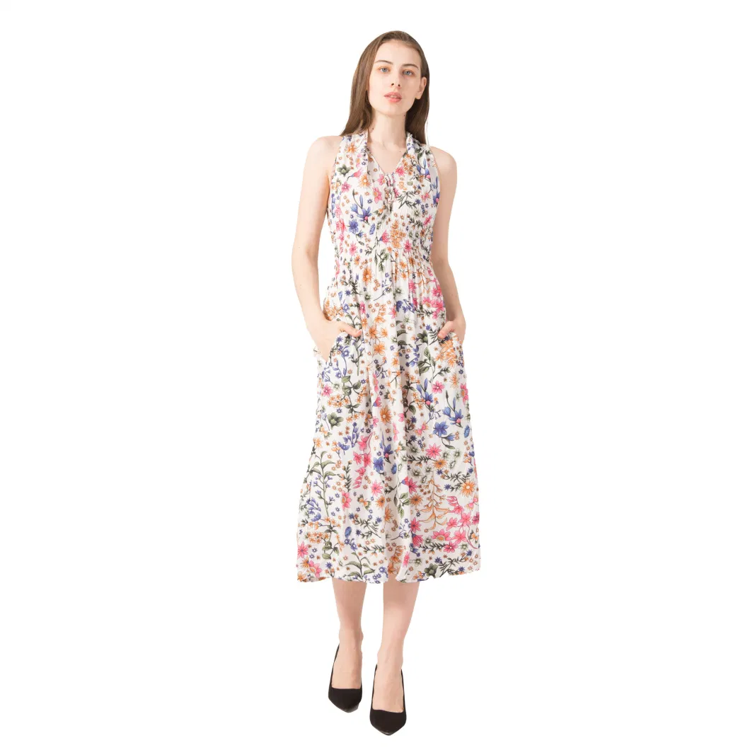 Ladies Elegant Vintage Customized Pattern Sleeveless Floral Dresses Women for Summer